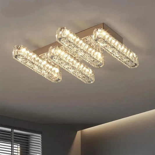 LED luster s diaľkovým ovládaním a krištáľom PRISCILA 80W, 4 prvky, lineárny, studené/teplé/neutrálne svetlo, stmievateľné, lesklý chróm
