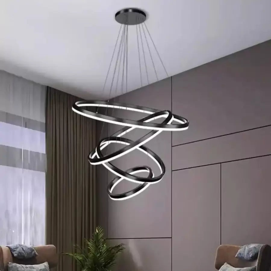 Závesný LED luster s diaľkovým ovládaním AZARIAH 112W, 4 kruhy, studené/teplé/neutrálne svetlo, stmievateľné, čierny, výškovo nastaviteľný