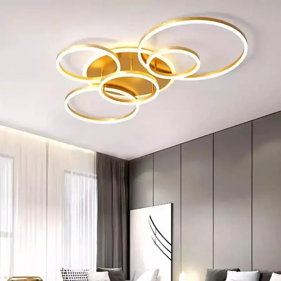 LED túžba s diaľkovým ovládaním Lyra, 248 W, 5 kruhov, lúčov, kefované zlato, studené/horúce/neutrálne svetlo