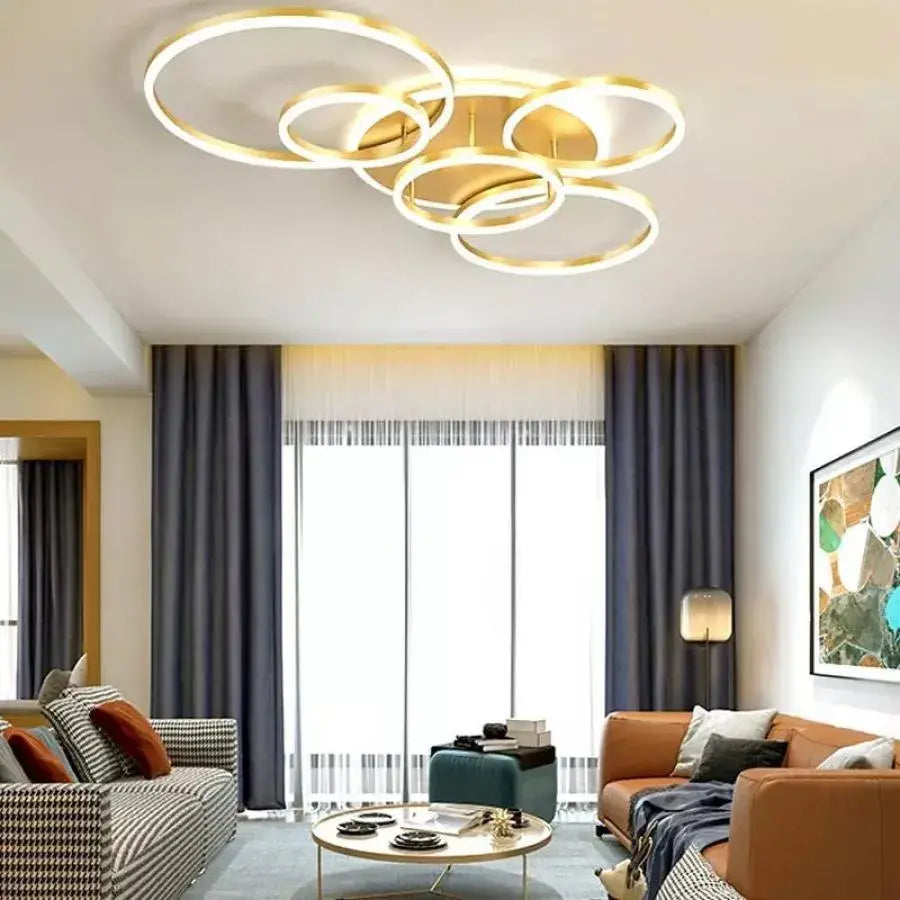 LED luster s diaľkovým ovládaním LYRA 248W, 5 kruhov, studené/teplé/neutrálne svetlo, stmievateľné, brúsené zlato