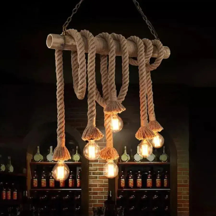 Retro luster, 6*e27, hnedé, bambusové a lano