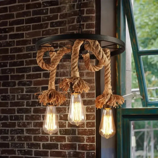 Luster kolesa, 3*E27, hnedý, kov a povraz