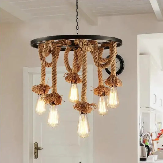 Kolesový luster, 6 x E27, hnedý, kov / struna