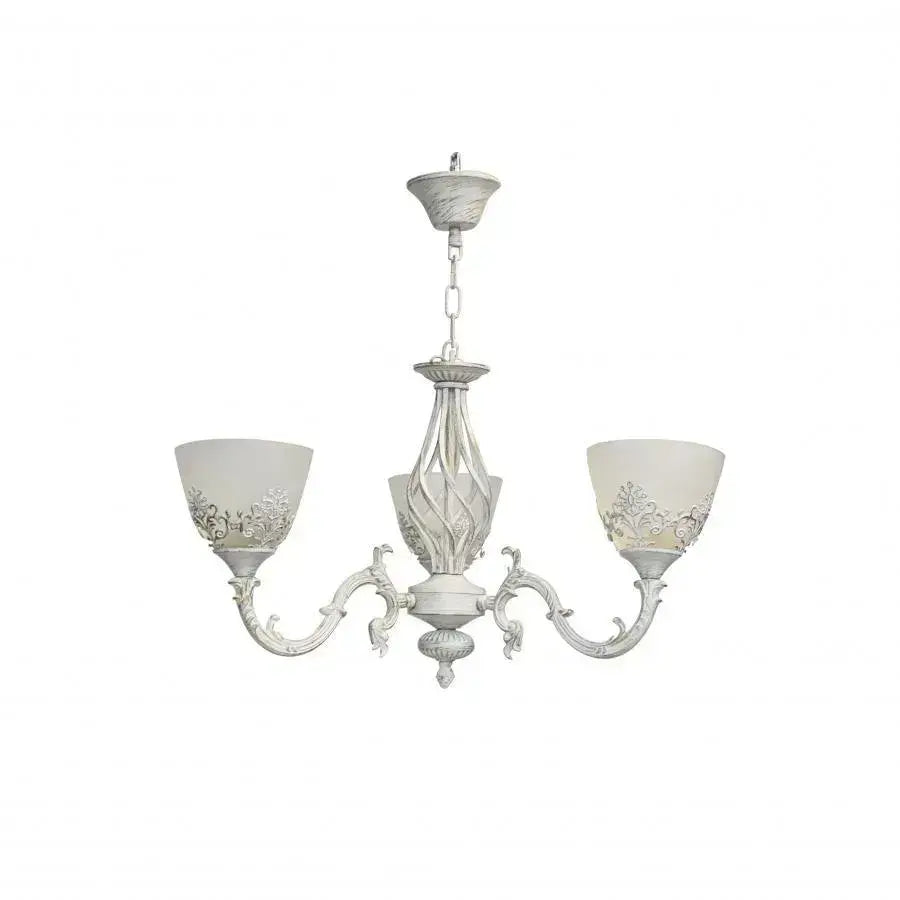 VINTAGE Luster, Závesný typ s ramenami, COTTAGE, Kruhový, 3xE27, Sklo a kov, Biely