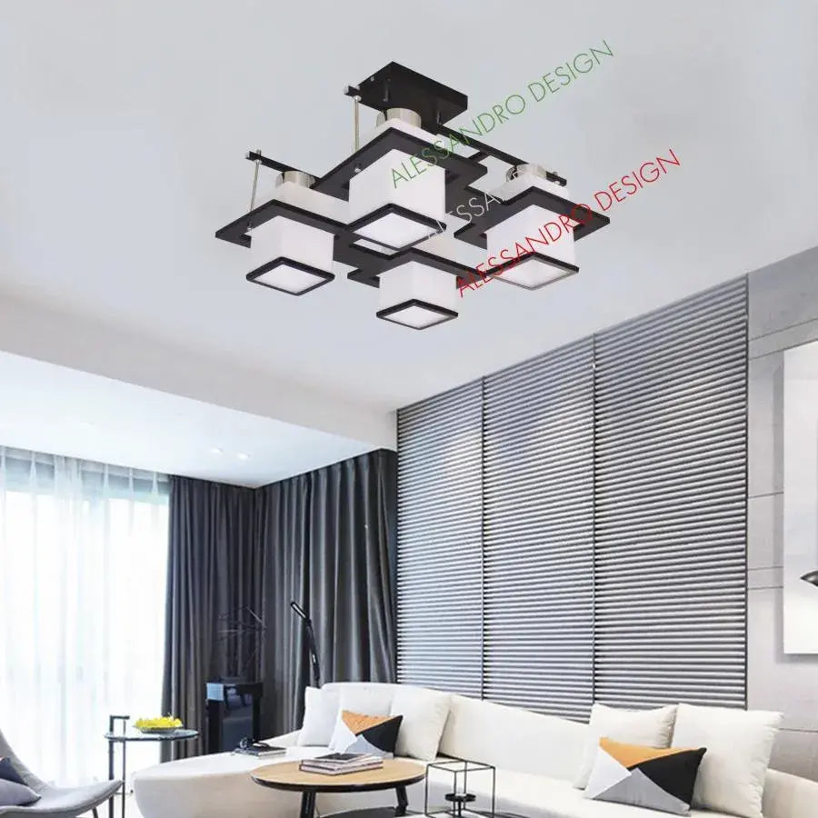 Aramis klasický luster s drevom, štvorcové tienidlo, 4 x E27 objímka, biela / čierna