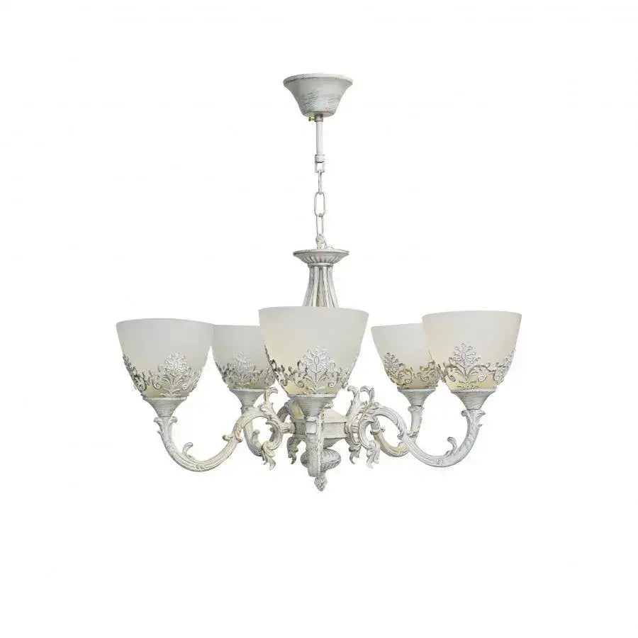 VINTAGE Luster, Typ prívesku, CHATA, Kruhový, 5xE27, Sklo a kov, Biely