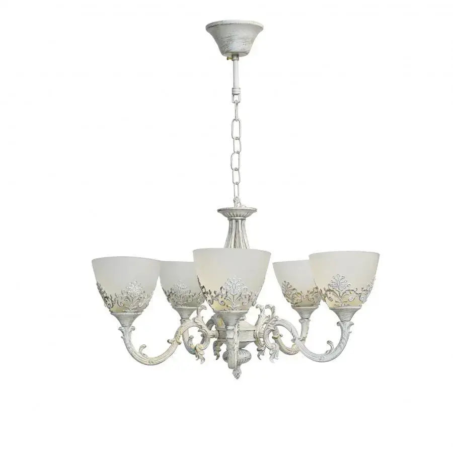 VINTAGE Luster, Typ prívesku, CHATA, Kruhový, 5xE27, Sklo a kov, Biely