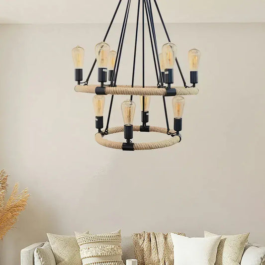 Rustikálny luster, 10*e27, hnedý, kov a povraz