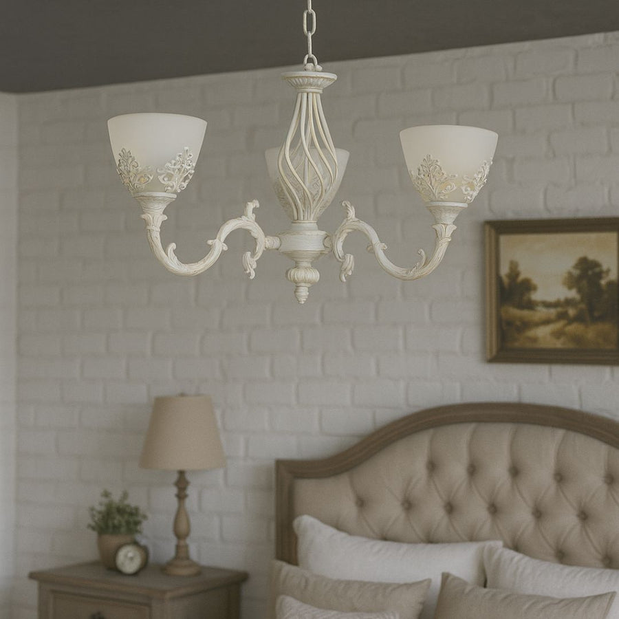 VINTAGE Luster, Závesný typ s ramenami, COTTAGE, Kruhový, 3xE27, Sklo a kov, Biely