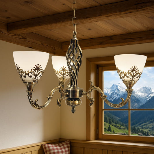 VINTAGE luster, typ prívesku, CHALUPA, kruhový, 3xE27, sklo a kov, bronz