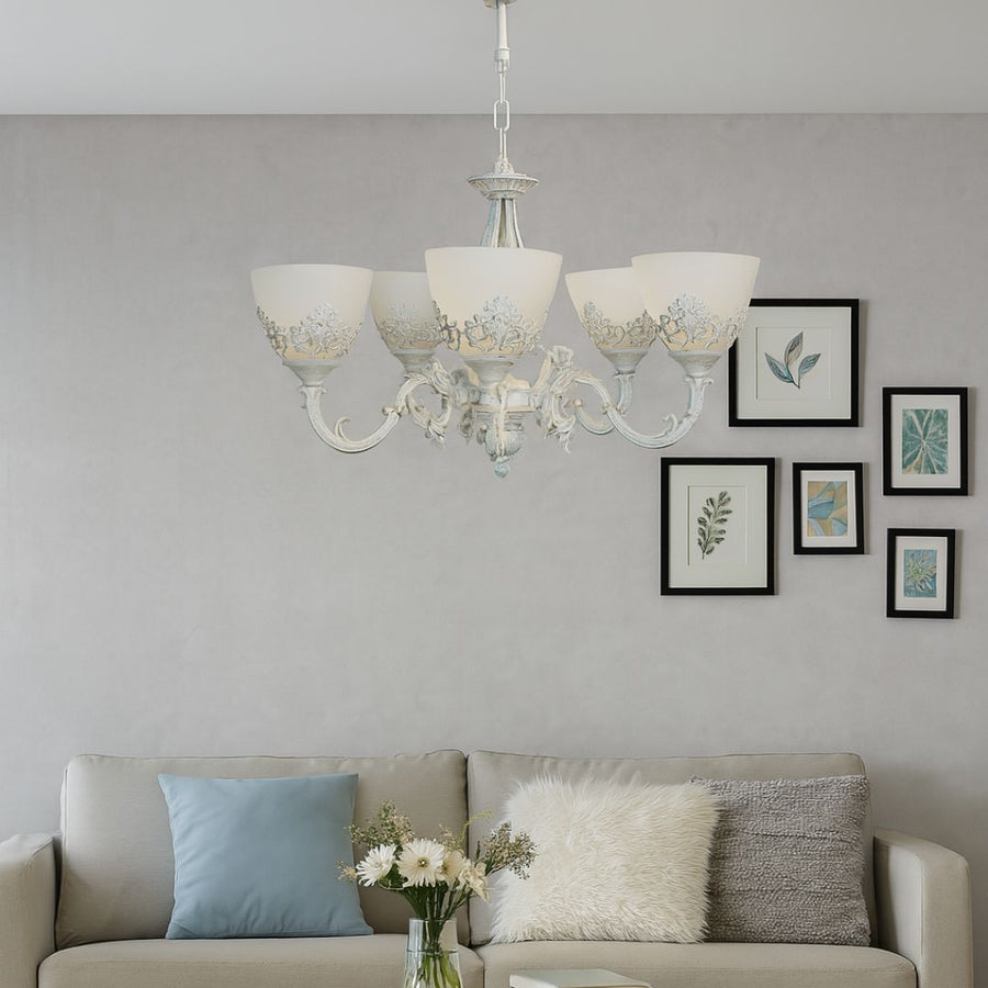 VINTAGE Luster, Typ prívesku, CHATA, Kruhový, 5xE27, Sklo a kov, Biely