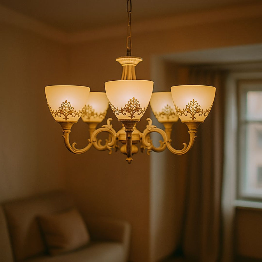 VINTAGE Luster, Typ prívesku, CHATA, Kruhový, 5xE27, Sklo a kov, Biely