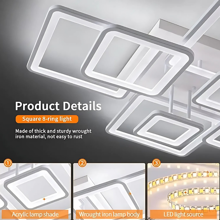 LED luster s diaľkovým ovládaním ELLA 203W, 8 štvorcových, studené/teplé/neutrálne svetlo, stmievateľné, biela