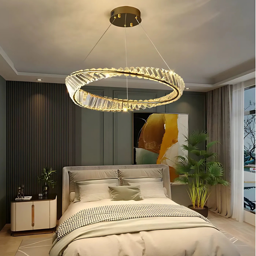 LED luster s diaľkovým ovládaním a krištáľovým LUIGI, 35W, studené/teplé/neutrálne svetlo, stmievateľné, zlaté