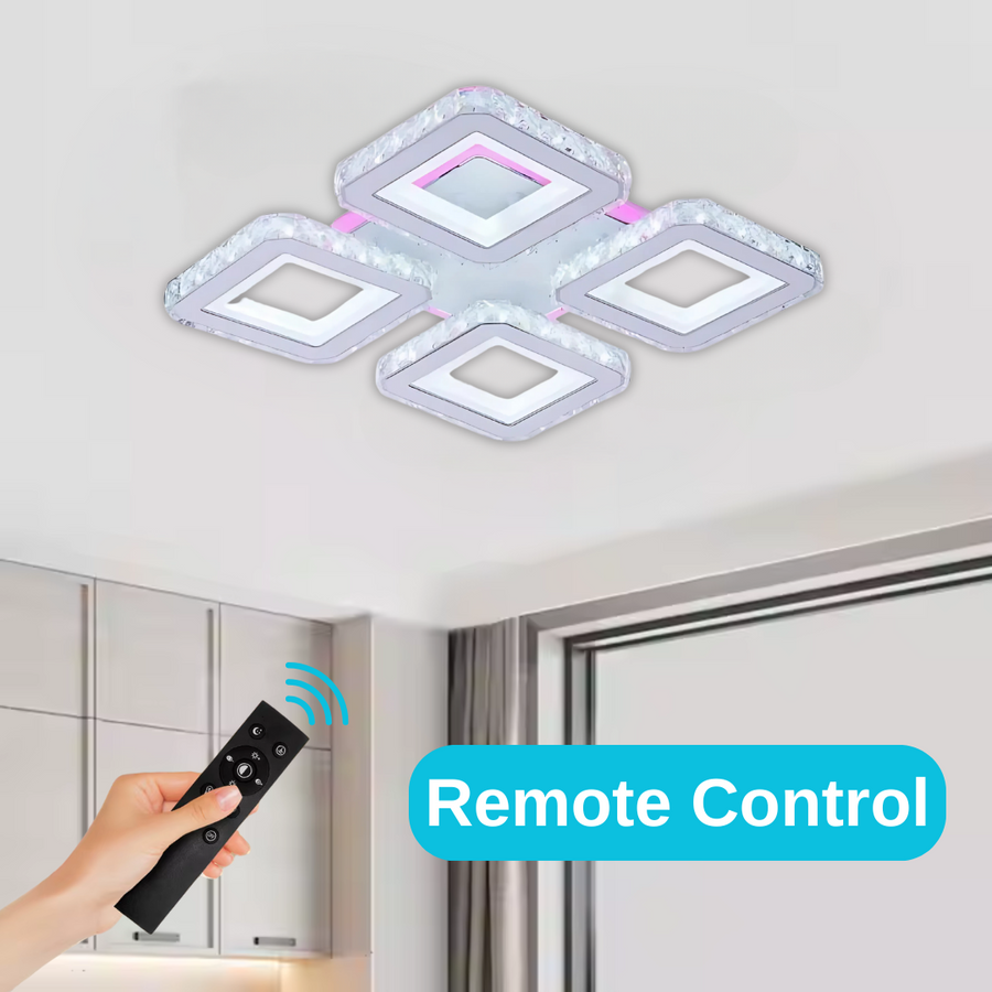 LED luster s diaľkovým ovládaním a krištáľom LEILA RGB 79W, 4 štvorce, studené/teplé/neutrálne svetlo, stmievateľné, lesklá chrómová biela
