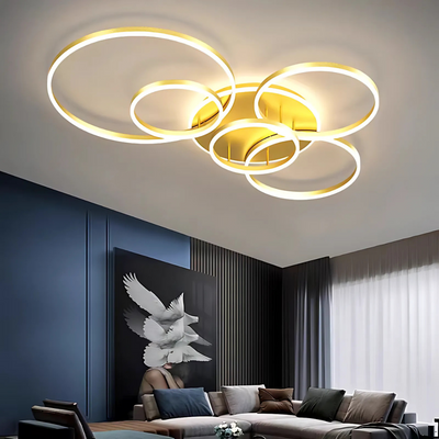 LED luster s diaľkovým ovládaním DARIO, 5 kruhov, 138W, teplé/studené/neutrálne svetlo, stmievateľné, zlaté