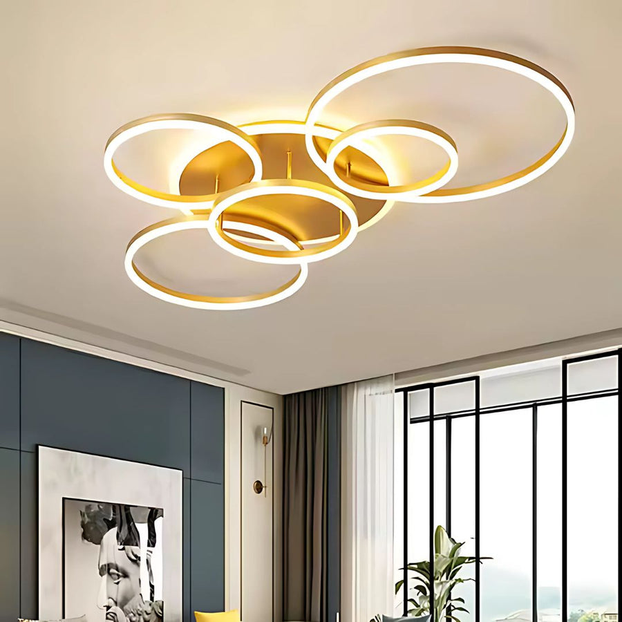 LED luster s diaľkovým ovládaním DARIO, 5 kruhov, 138W, teplé/studené/neutrálne svetlo, stmievateľné, zlaté