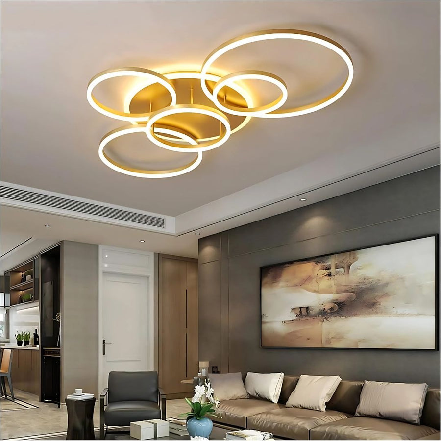 LED luster s diaľkovým ovládaním DARIO, 5 kruhov, 138W, teplé/studené/neutrálne svetlo, stmievateľné, zlaté