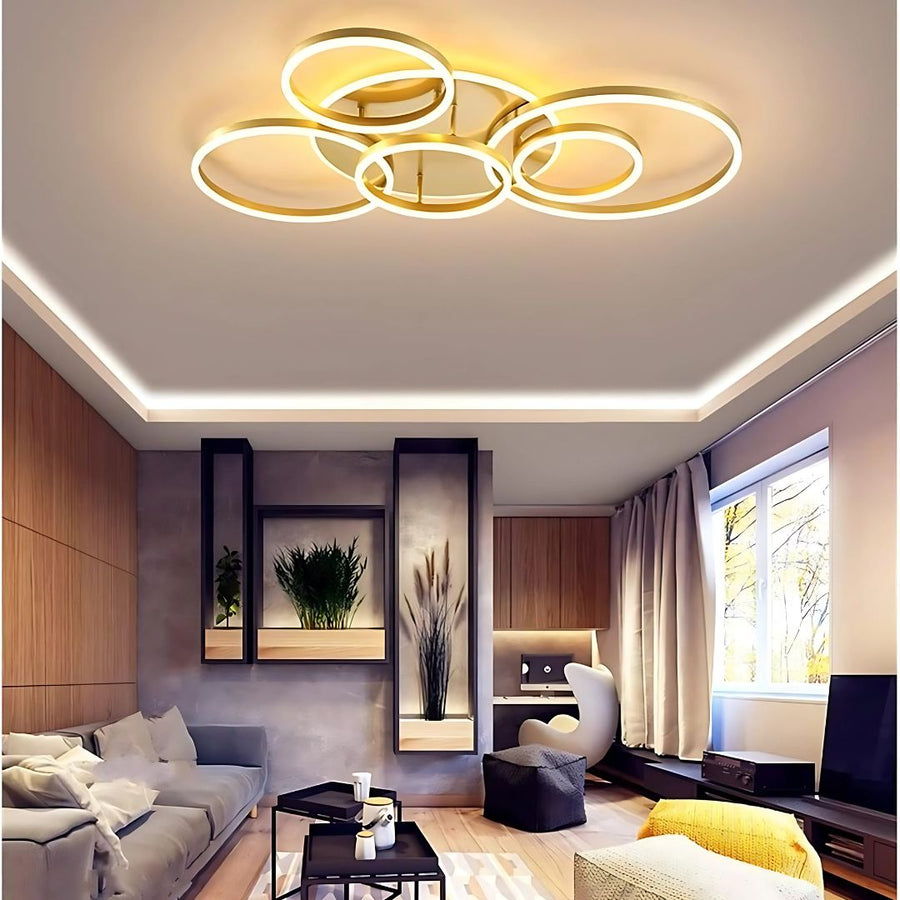 LED luster s diaľkovým ovládaním DARIO, 5 kruhov, 138W, teplé/studené/neutrálne svetlo, stmievateľné, zlaté