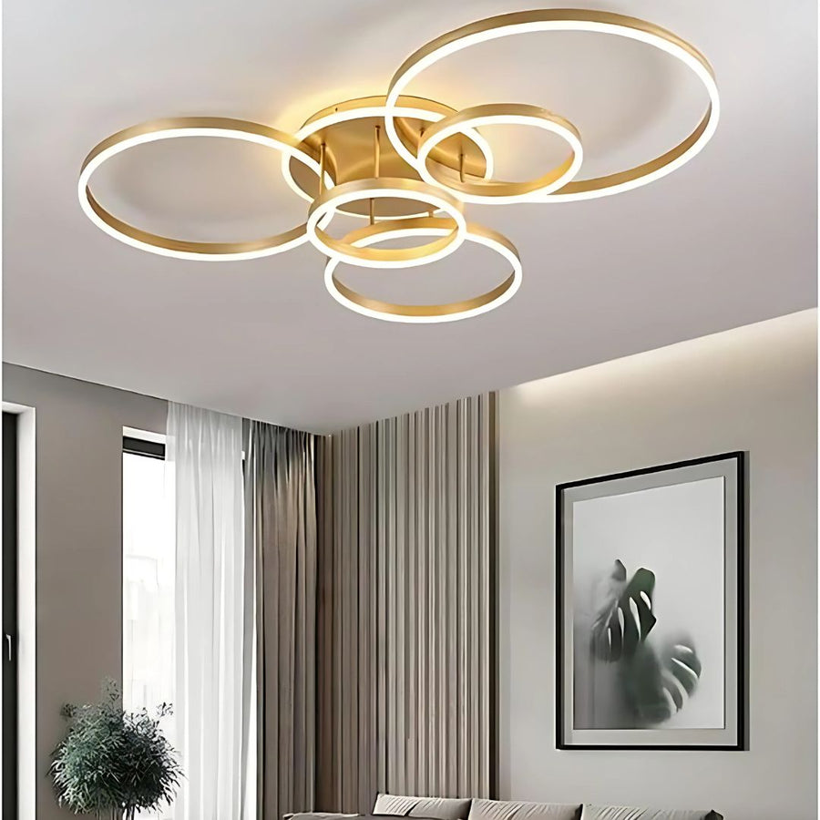 LED luster s diaľkovým ovládaním DARIO, 5 kruhov, 138W, teplé/studené/neutrálne svetlo, stmievateľné, zlaté