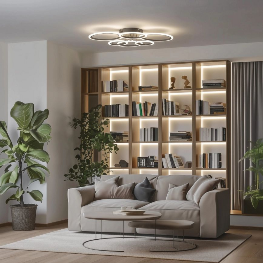 LED luster s diaľkovým ovládaním BETTY 82W, 6 kruhov, studené/teplé/neutrálne svetlo, stmievateľné, čierny