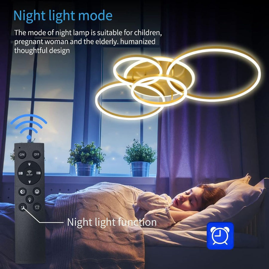 LED luster s diaľkovým ovládaním DARIO, 4 kruhy, 112W, teplé/studené/neutrálne svetlo, stmievateľné, zlaté