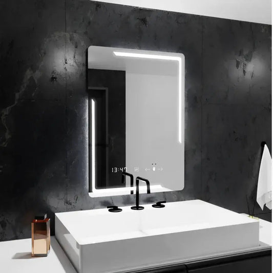 Obdĺžnikové LED zrkadlo, 60x80cm, Rayonnement MotionGlow Marcello, Demister System, Hodiny & Teplomer, Stmievateľné