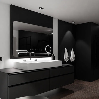 Obdĺžnikové LED zrkadlo, 100x60cm, Harmonie MotionGlow Marcello, Demister System, Hodiny & Teplomer, Kozmetická lupa, Stmievateľné