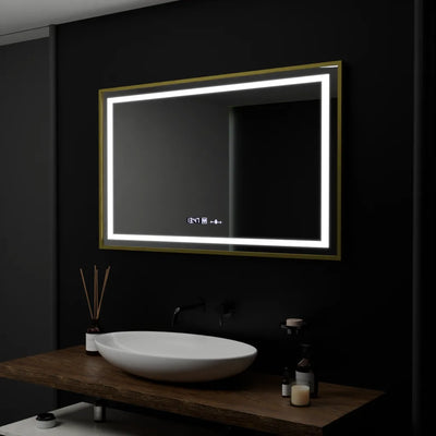 Obdĺžnikové LED zrkadlo, 100x80cm, Verite Royale Gold Motion Glow Marcello, Demister System, Hodiny & Teplomer, Stmievateľné