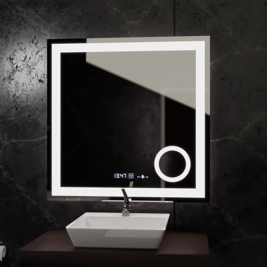 Obdĺžnikové LED zrkadlo, 80x80cm, Souverain MotionGlow Marcello, Demister System, Hodiny & Teplomer, Kozmetická lupa, Stmievateľné