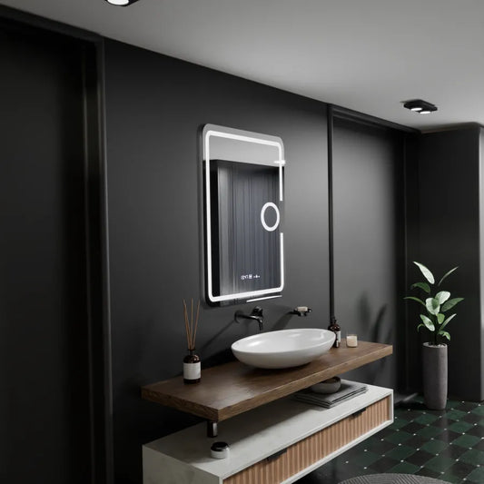 Obdĺžnikové LED zrkadlo, 50x70cm, Eclat MotionGlow Marcello, Demister System, Hodiny & Teplomer, Kozmetická lupa, Stmievateľné