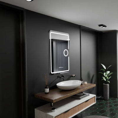 Obdĺžnikové LED zrkadlo, 50x70cm, Eclat MotionGlow Marcello, Demister System, Hodiny & Teplomer, Kozmetická lupa, Stmievateľné