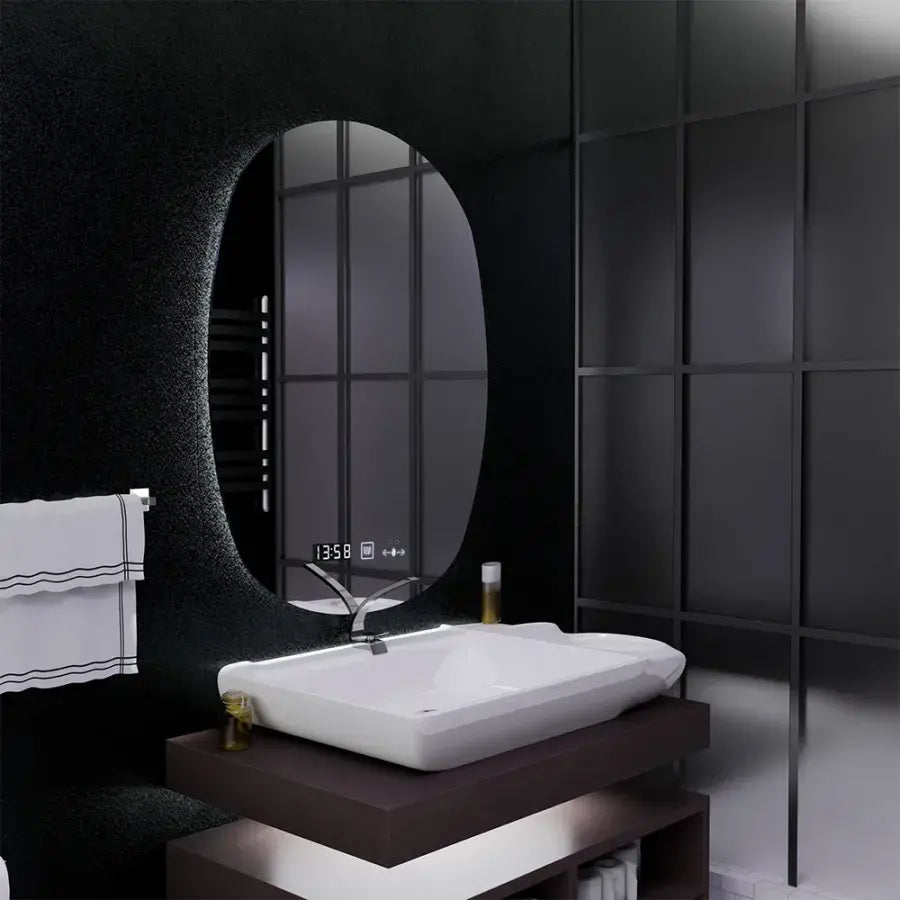Oválne LED zrkadlo, 60x80cm, senzor Ranya Marcello MotionGlow, systém odhmlievania, hodiny a teplomer, Dimabila