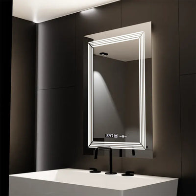 Obdĺžnikové LED zrkadlo, 60x80cm, senzor Venezia MotionGlow Marcello, systém odhmlievania, hodiny a teplomer, Dimabila