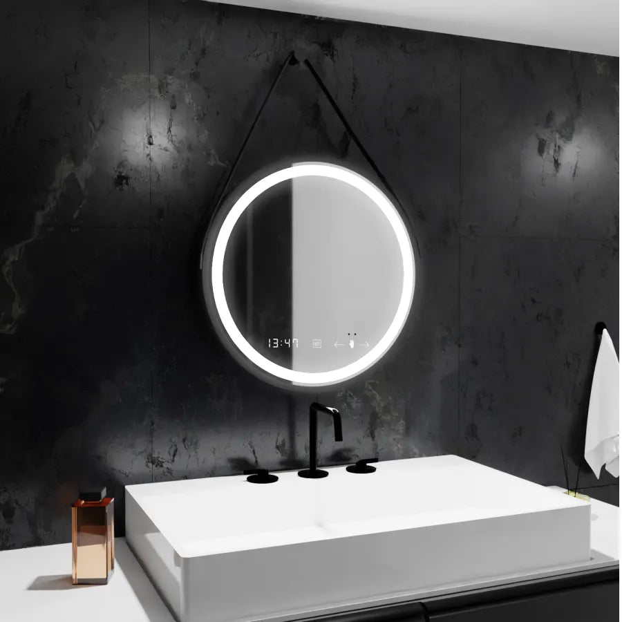 LED okrúhle zrkadlo, 50 cm, Celeste Majeste Noir Eleve MotionGlow Marcello, Demister System, Hodiny & Teplomer, Stmievateľné