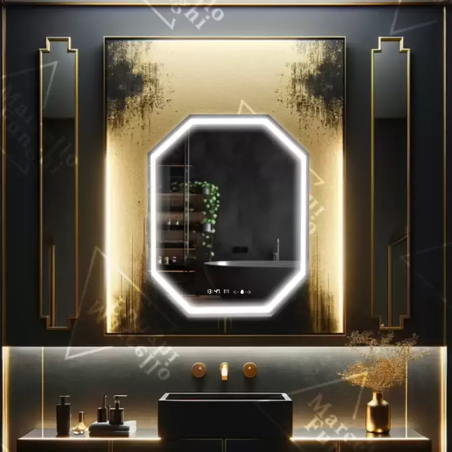 Polygonové LED zrkadlo, 60x80cm, senzor Ralya MotionGlow Marcello, systém odhmlievania, hodiny a teplomer, Dimabila