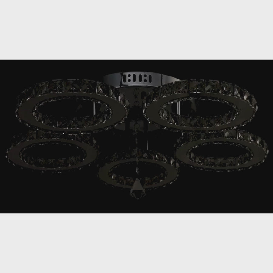 LED luster s diaľkovým ovládaním a krištáľom ALANUBIS 61W, 5 kruhov, studené/teplé/neutrálne svetlo, stmievateľné, lesklý chróm