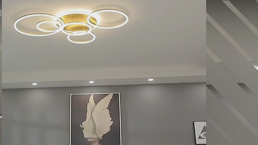 LED luster s diaľkovým ovládaním DARIO, 5 kruhov, 138W, teplé/studené/neutrálne svetlo, stmievateľné, zlaté