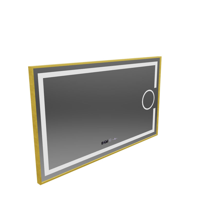 Obdĺžnikové LED zrkadlo, 110x65cm, Eclat MotionGlow Marcello, Demister System, Hodiny & Teplomer, Kozmetická lupa, Stmievateľné, Rám z brúseného zlata