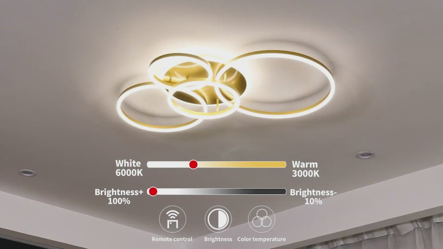 LED luster s diaľkovým ovládaním DARIO, 4 kruhy, 112W, teplé/studené/neutrálne svetlo, stmievateľné, zlaté