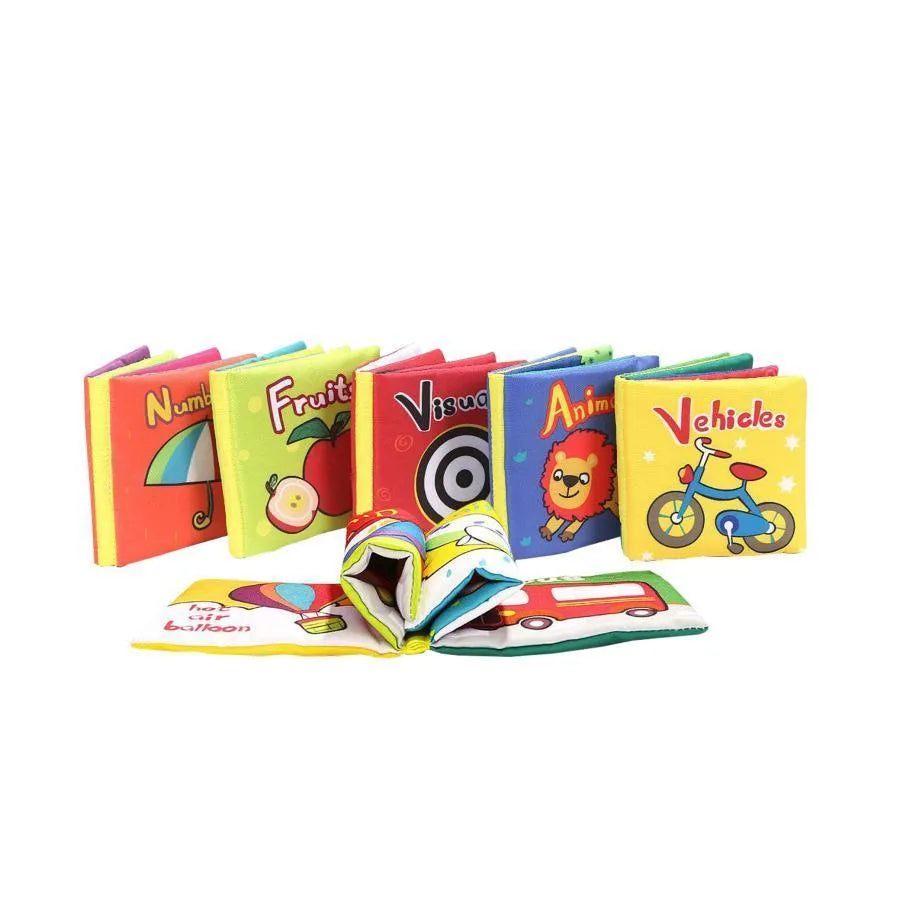 Nastavte 6 kariet v textile s vozidlami, geometrickými tvarmi, vizuálnymi obrázkami, číslami, zvieratami a ovocím, 6 kusov, textilu