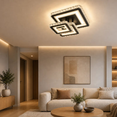 LED luster s diaľkovým ovládaním a krištáľom LEILA 88W, 3 štvorce, studené/teplé/neutrálne svetlo, stmievateľné, lesklý čierny chróm
