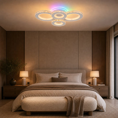 LED luster s diaľkovým ovládaním a krištáľom NOVA ROTONDA RGB 82W, 4 kruhy, studené/teplé/neutrálne svetlo, stmievateľné, biela