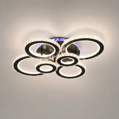 LED luster s diaľkovým ovládaním a krištáľom NOVA ROTONDA RGB 145W, 6 kruhov, studené/teplé/neutrálne svetlo, stmievateľné, čierny