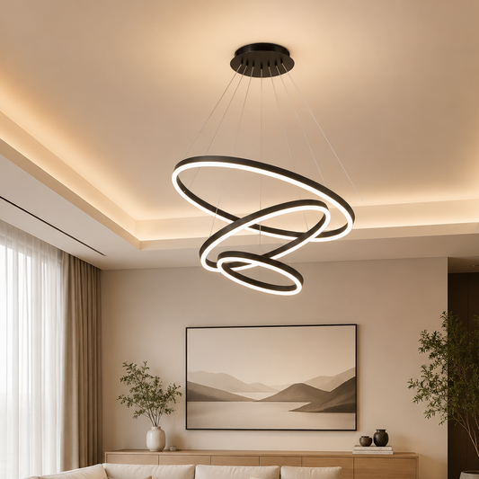 Závesný LED luster s diaľkovým ovládaním CASIANA 85W, 3 kruhy, studené/teplé/neutrálne svetlo, stmievateľné, čierny, výškovo nastaviteľný
