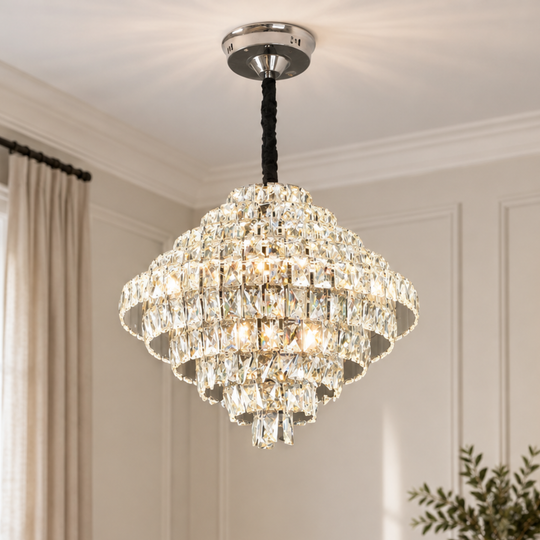 Opálový krištáľový luster s diaľkovým ovládaním, 110W, Priemer 35 cm, 3000K/4000/6000K, Lesklý chróm, Nastaviteľná výška