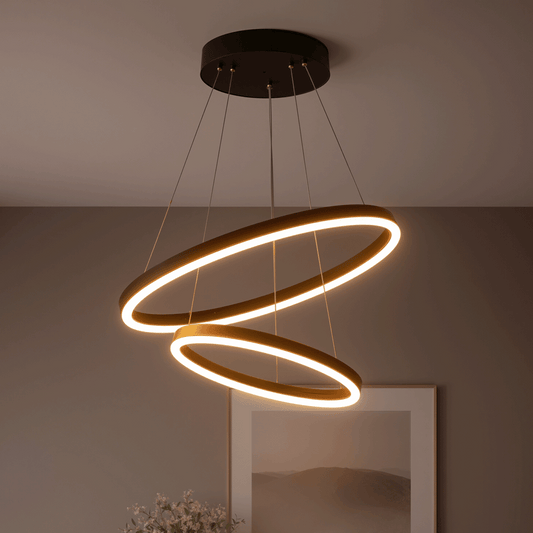 Závesný LED luster s diaľkovým ovládaním CASIANA 40W, 2 kruhy, studené/teplé/neutrálne svetlo 3000K/4000K/6000K, stmievateľné, čierny, nastaviteľná výška, kov a akryl