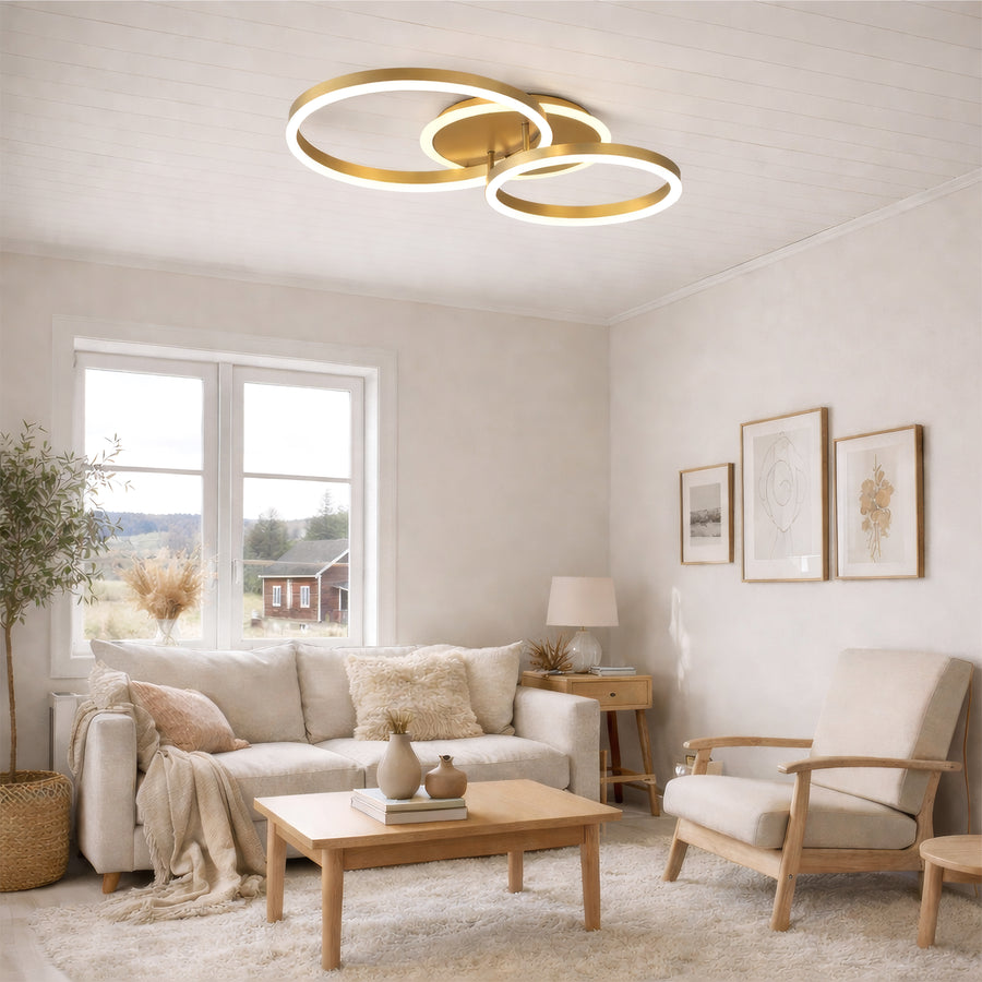 LED luster s diaľkovým ovládaním RINOVA 66W, 2 kruhy, studené/teplé/neutrálne svetlo, stmievateľné, lesklé zlato