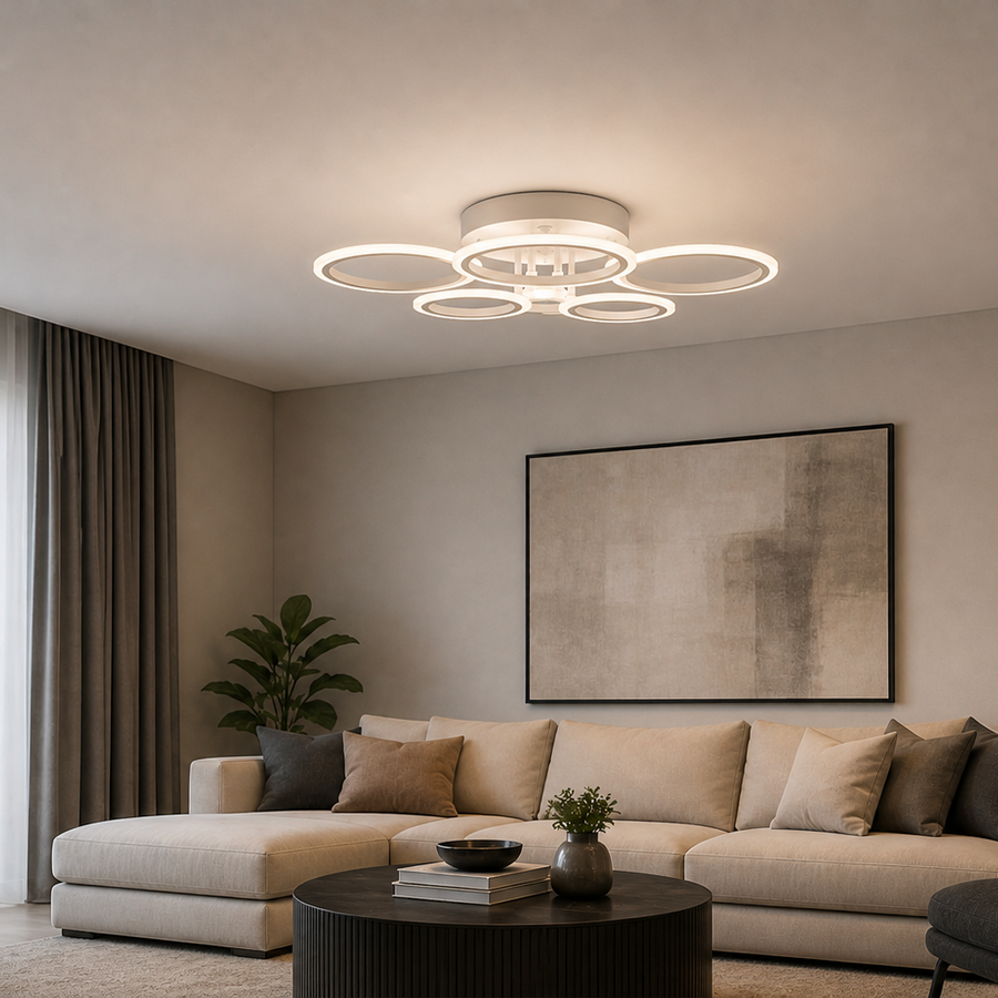 LED luster s diaľkovým ovládaním BETTY 82W, 6 kruhov, studené/teplé/neutrálne svetlo, stmievateľné, biela
