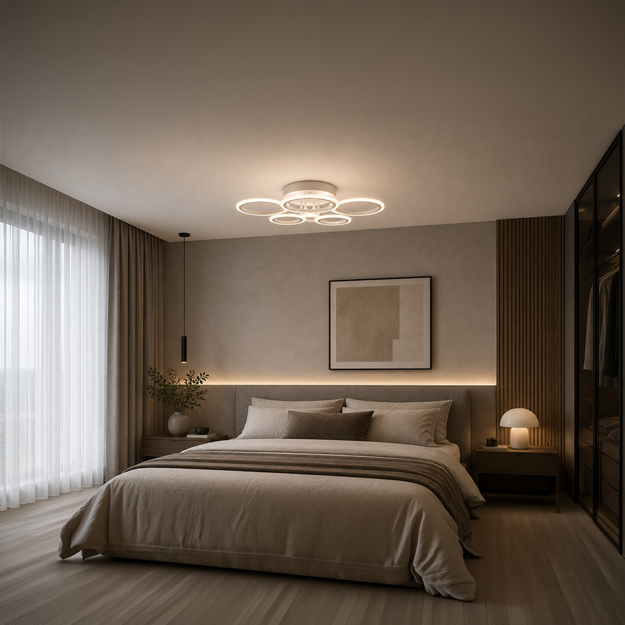 LED luster s diaľkovým ovládaním BETTY 82W, 6 kruhov, studené/teplé/neutrálne svetlo, stmievateľné, biela